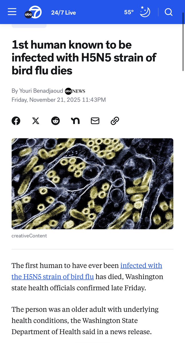 DrEricDing's tweet image. ⚠️EXTREMELY WORRISOME—First ever human case of Bird flu H5N5—has now suddenly died! Patient fell ill and got hospitalized in early November, confirmed H5N5 last week, died Friday November 21st.  H5N5 has NEVER BEFORE DOCUMENTED TO JUMP INTO HUMANS before… and now the first human…