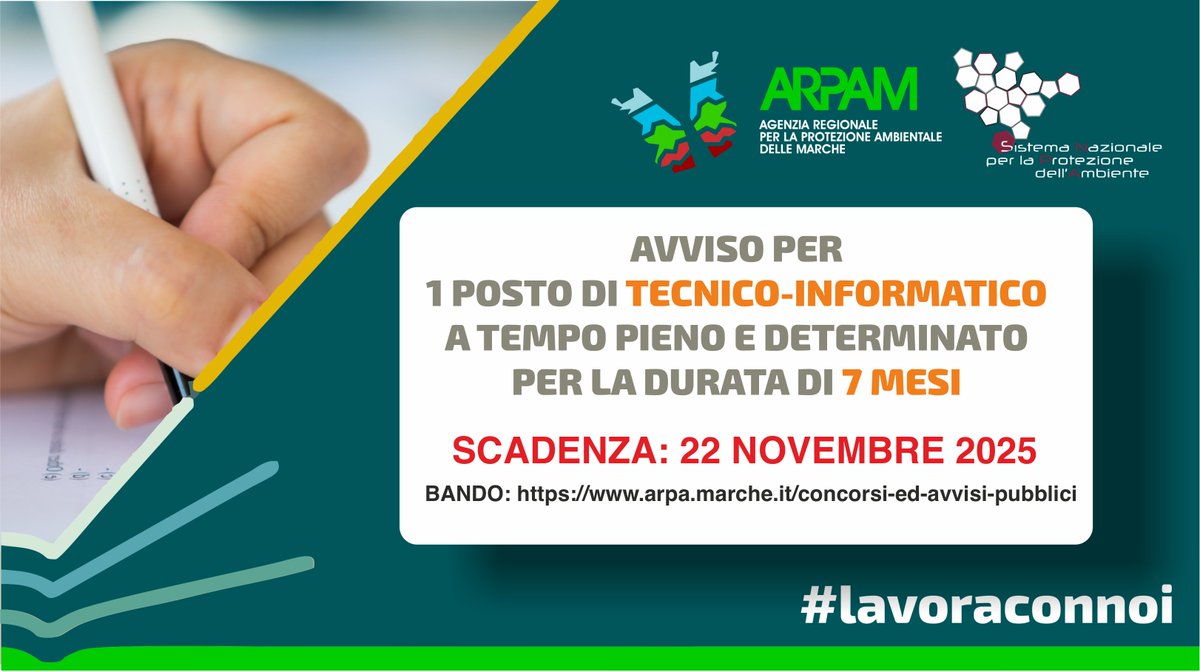 ArpaMarche's tweet image. #LavoraConNoi
Scade oggi #22novembre alle ore 12:00 il termine per l&apos;invio telematico delle candidature a 1 posto di tecnico #informatico a tempo #pieno e #determinato per la durata di 7 mesi. 
Il bando e tutte le info alla pagina arpa.marche.it/concorsi-ed-av…