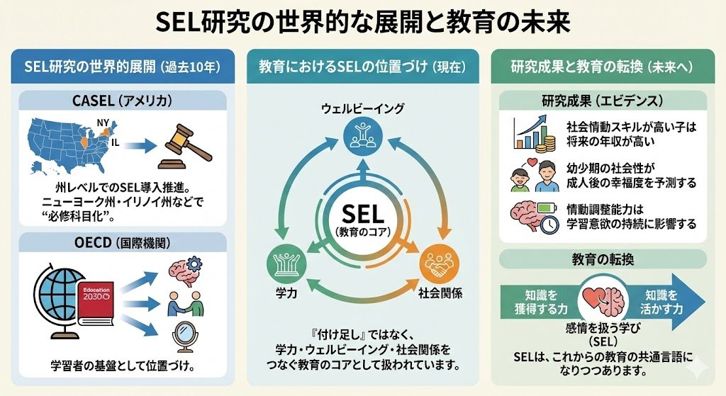 ikkakuteacher's tweet image. SEL研究は、この10年で世界的に大きく展開しています。

アメリカのCASELは、州レベルでのSEL導入を推進し、
ニューヨーク州・イリノイ州などでは“必修科目化”が進みました。
またOECDも「Education 2030」で
emotion regulation・relationship skills・self-awareness を…