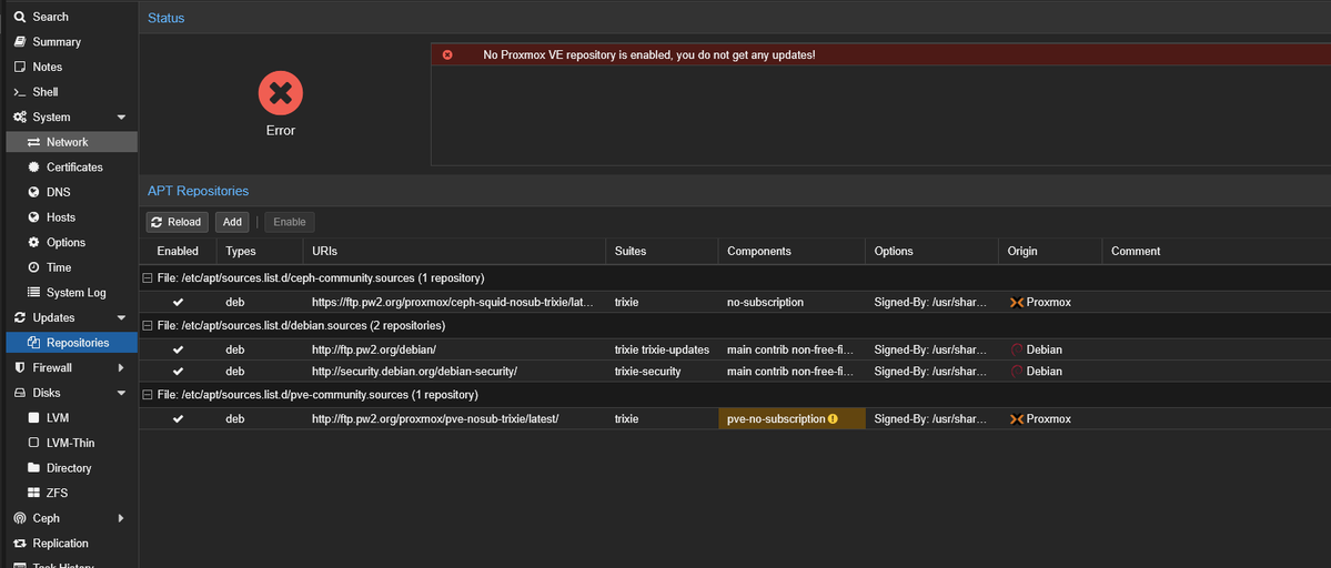 tonemarujp's tweet image. 10GBしかないけど、同期完了した。警告はproxmoxらしくうっとうしいけどよさそうかな？　一旦、インターネットに晒していないLAN用のほうのホストで試してしばらく様子見る。

ちょっと手書き部分が多いから不安やな。

ftp.pw2.org/proxmox/pve-no…
ftp.pw2.org/proxmox/ceph-s…
