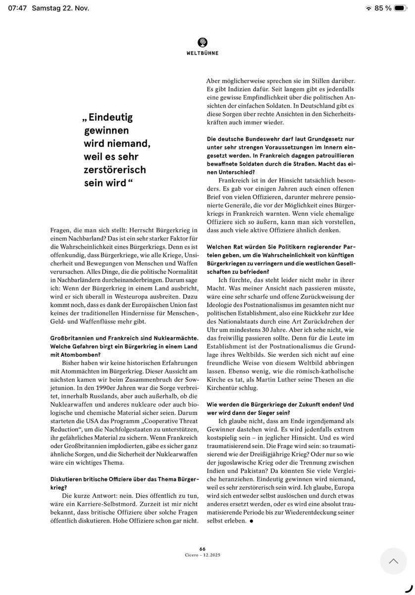 StechAir's tweet image. Der Kriegsforscher David Betz sieht Westeuropa auf einen #Bürgerkrieg zusteuern. Die bekannten Begleitfaktoren (Polarisierung, ökonomische Krise, #Migration, Vertrauensverlust in Politik) sind für ihn nur Symptome.

Die eigentliche Root Cause ist der Postnationalismus.

Was Betz…