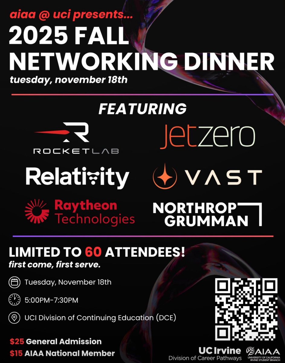 TechInnovationz's tweet image. $RKLB 🚀 Rocket Lab was featured at the 2025 AIAA Networking Dinner at UC Irvine alongside heavyweights like Northrop Grumman, Raytheon, Relativity, Vast, and JetZero.

Events like this aren’t marketing.
They’re where talent meets industry, where propulsion, avionics &amp;amp; next-gen…