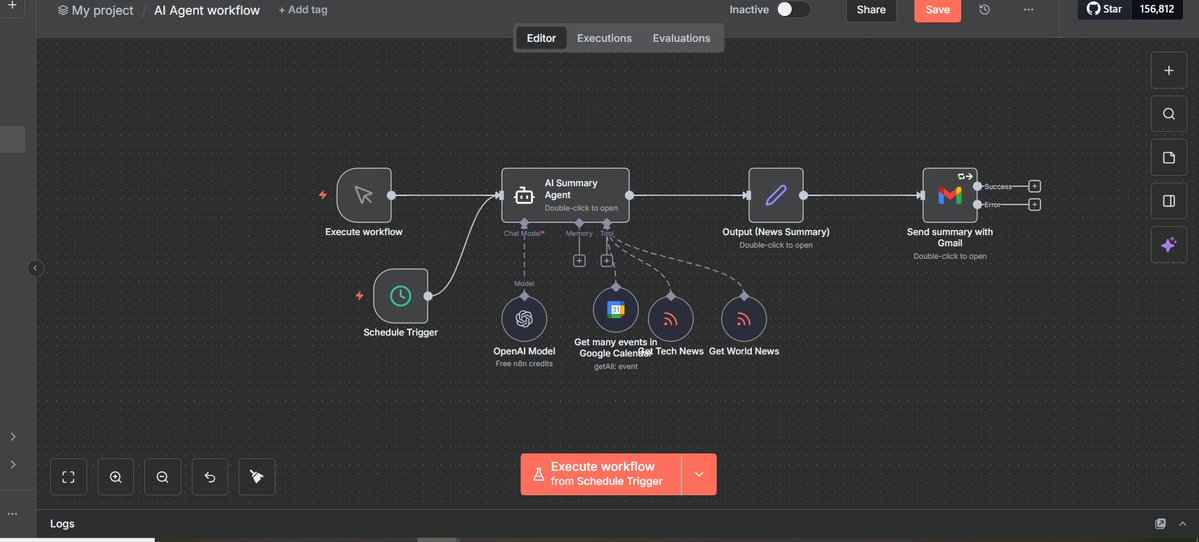 OmO_Ilori's tweet image. I finally built a workflow that changed how I work.

The system in the screenshot pulls world + tech news, checks my Google Calendar, summarizes everything with AI, and emails me one clean update every day.

No coding. Just building consistently.

Funny how one small automation…