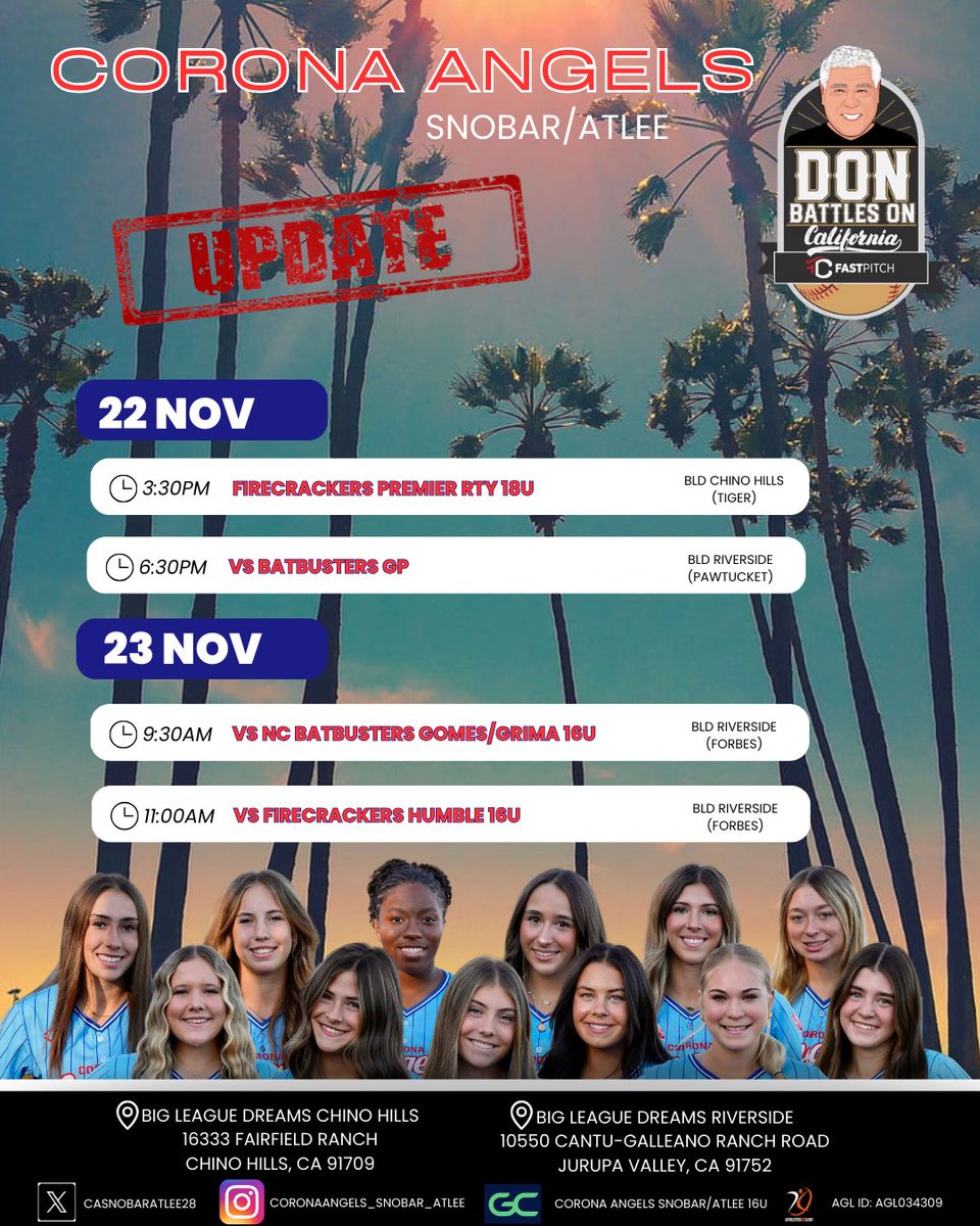 Updated schedule for Don Battles On
<a href="/CASnobarAtlee28/">Corona Angels Snobar / Atlee 2028</a> <a href="/JessicaVentoza/">Jessica Ventoza</a> <a href="/tarynatlee_/">Taryn Atlee 🇵🇭</a> <a href="/No_Sno19/">Noli Snobar</a> <a href="/TCSFastpitch/">TC Fastpitch</a>