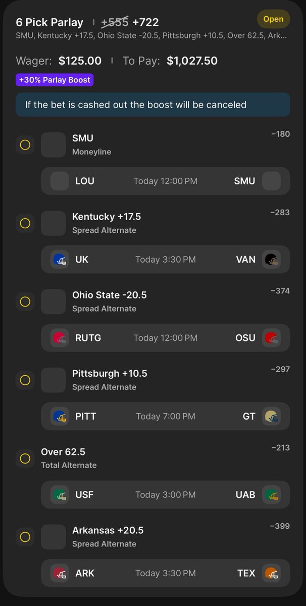 ProfitPickz's tweet image. The Saturday CFB 6-Leg PARLAY 🔥💰

🏇 SMU ML
🐱 Kentucky +17.5
🔴 Ohio State -20.5
🐆Pitt +10.5
📈 Over 62.5 (USF/UAB)
🐗 Arkansas +20.5

💵 $125 → $1,027.50 on the line 😤🔥
Let’s CASH this ticket today 🚀💰🔥

#CFB #GamblingTwitter #Parlay #CollegeFootball #SportsBets…