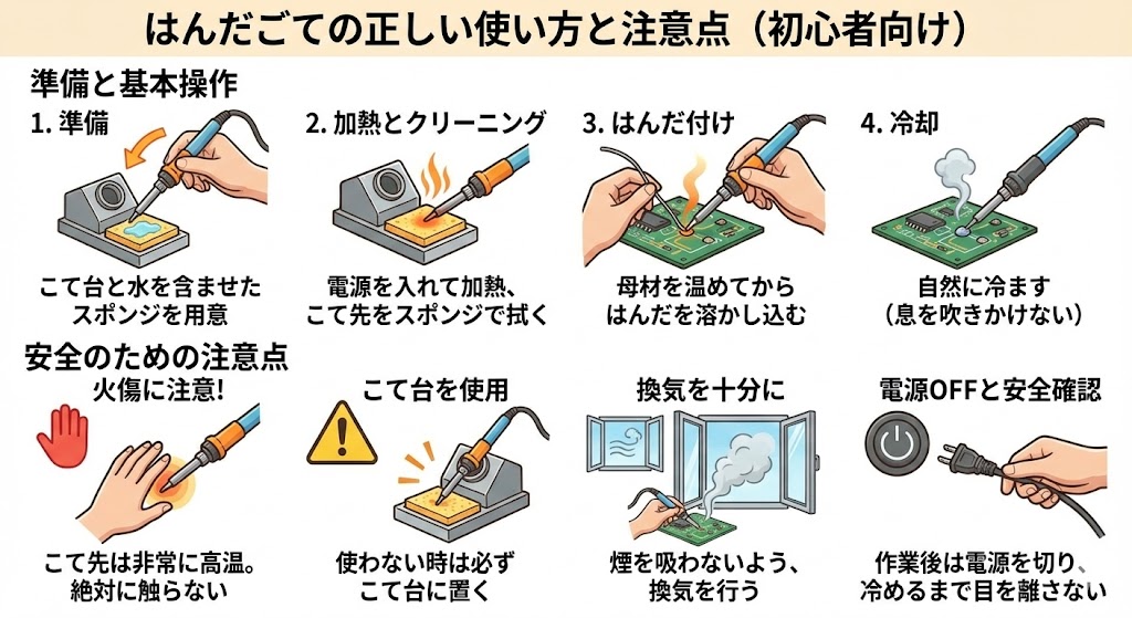 MplusplusC's tweet image. nanobanana pro に「はんだごての使い方と注意点を初心者に説明するイラスト（説明図）を日本語で作ってください」と言ったらこんな図になりました。冷却の絵と、こての置き方がおかしい以外は良い感じがします。