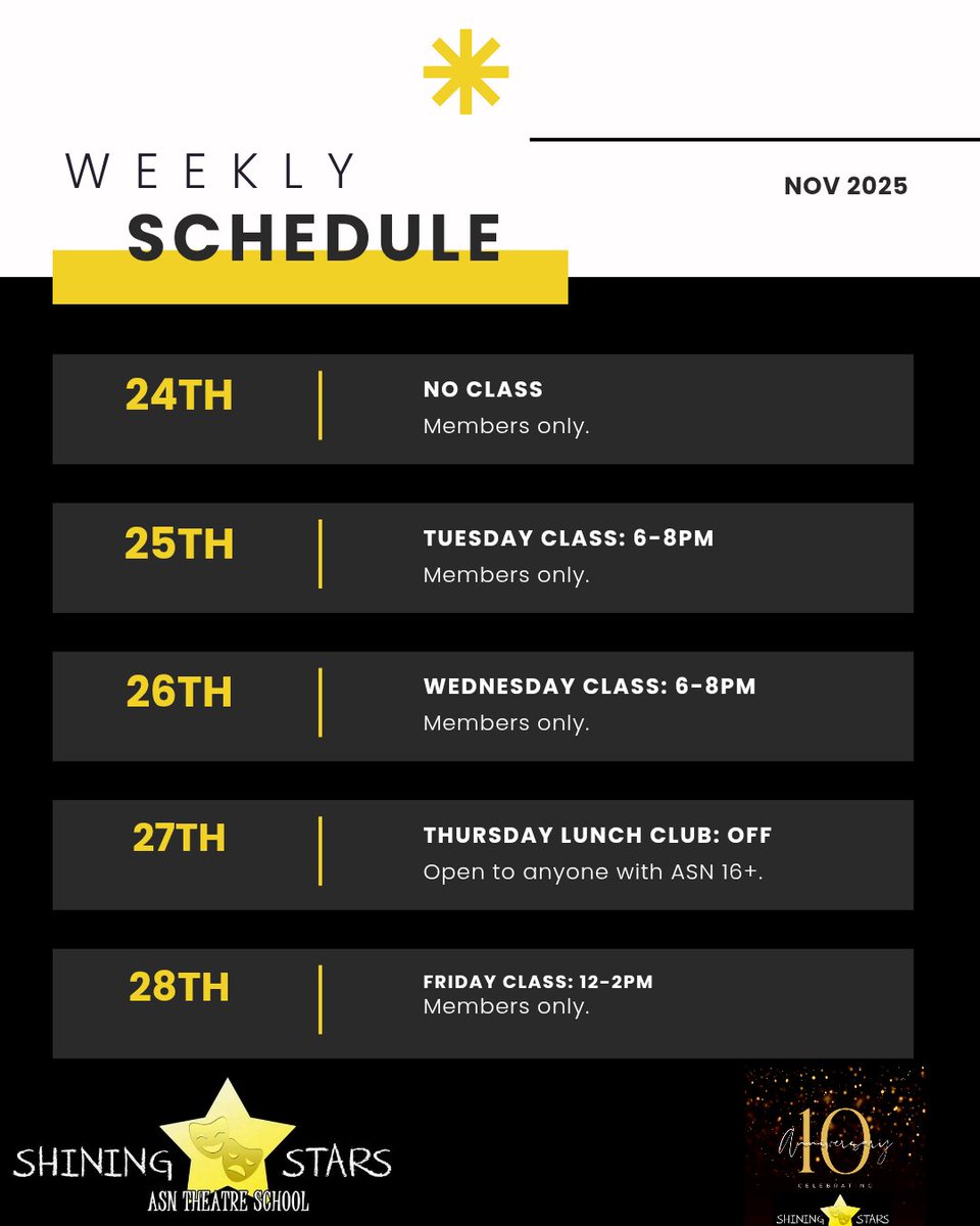 This week's coming schedule. 
Polite reminder there's no class on Monday, it's Xander's Dad's funeral. Monday Stars are welcome to come to any other class to make up for it being off. 

There's no lunch club this coming Thursday, I'm in Carlisle doing some work for my old uni.