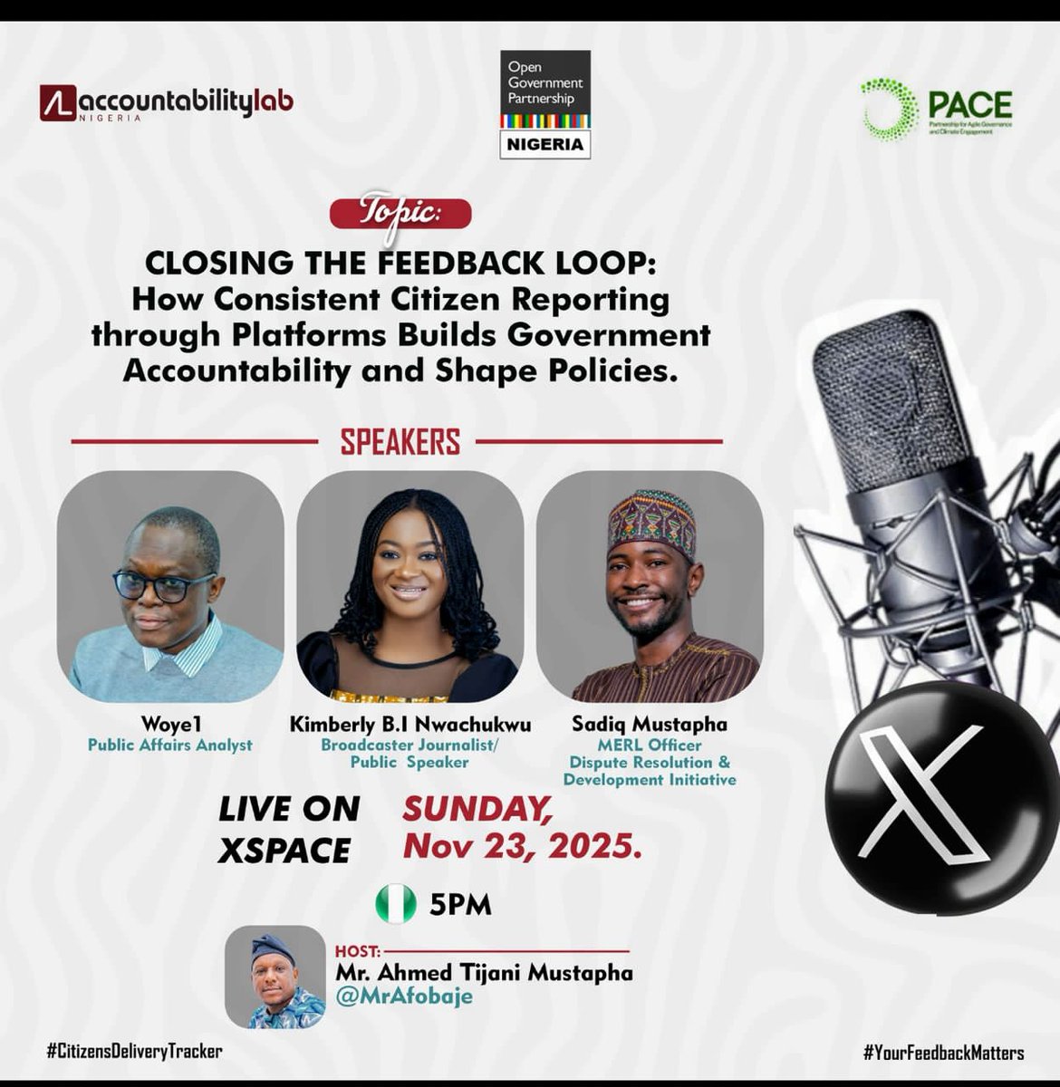 Omoola2021's tweet image. Join this X (Twitter) space

Topic: 

 ‘CLOSING THE FEEDBACK LOOP: How Consistent Citizen Reporting through Platforms Builds Government Accountability and Shape Policies.
’

CDT (Citizen’s Delivery Tracker) launched in April 2024, empowers citizen to provide real-time