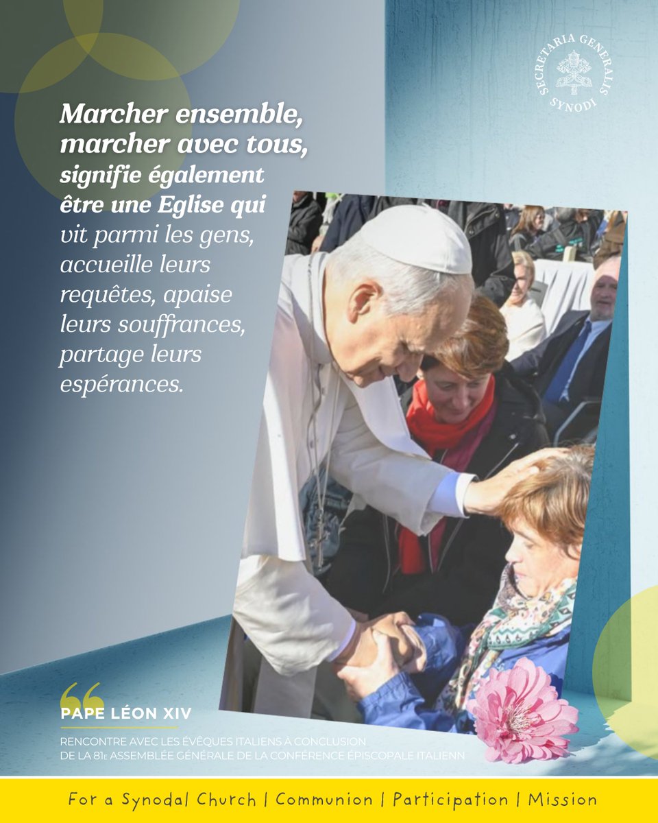#popequote “Walking #together, walking with everyone” A call from #PopeLeoXIV to live as a Church that #journeys with all — close to families, the young and the elderly, attentive to those who suffer or walk alone.

🤝 Read More: vatican.va/content/leo-xi… - Image: Vatican Media