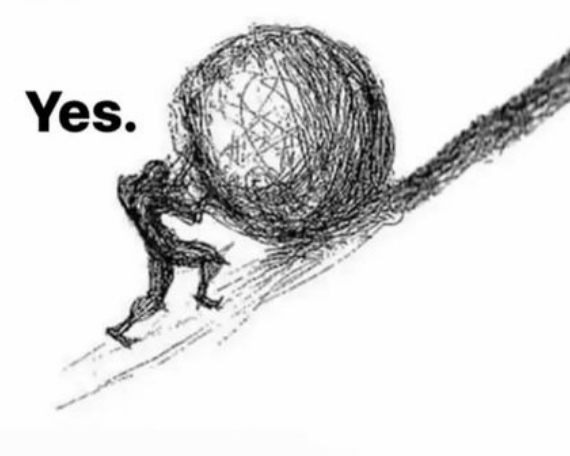 사람이 바위를 언덕 위로 밀어 올리는 스케치와 'Yes'라는 글자