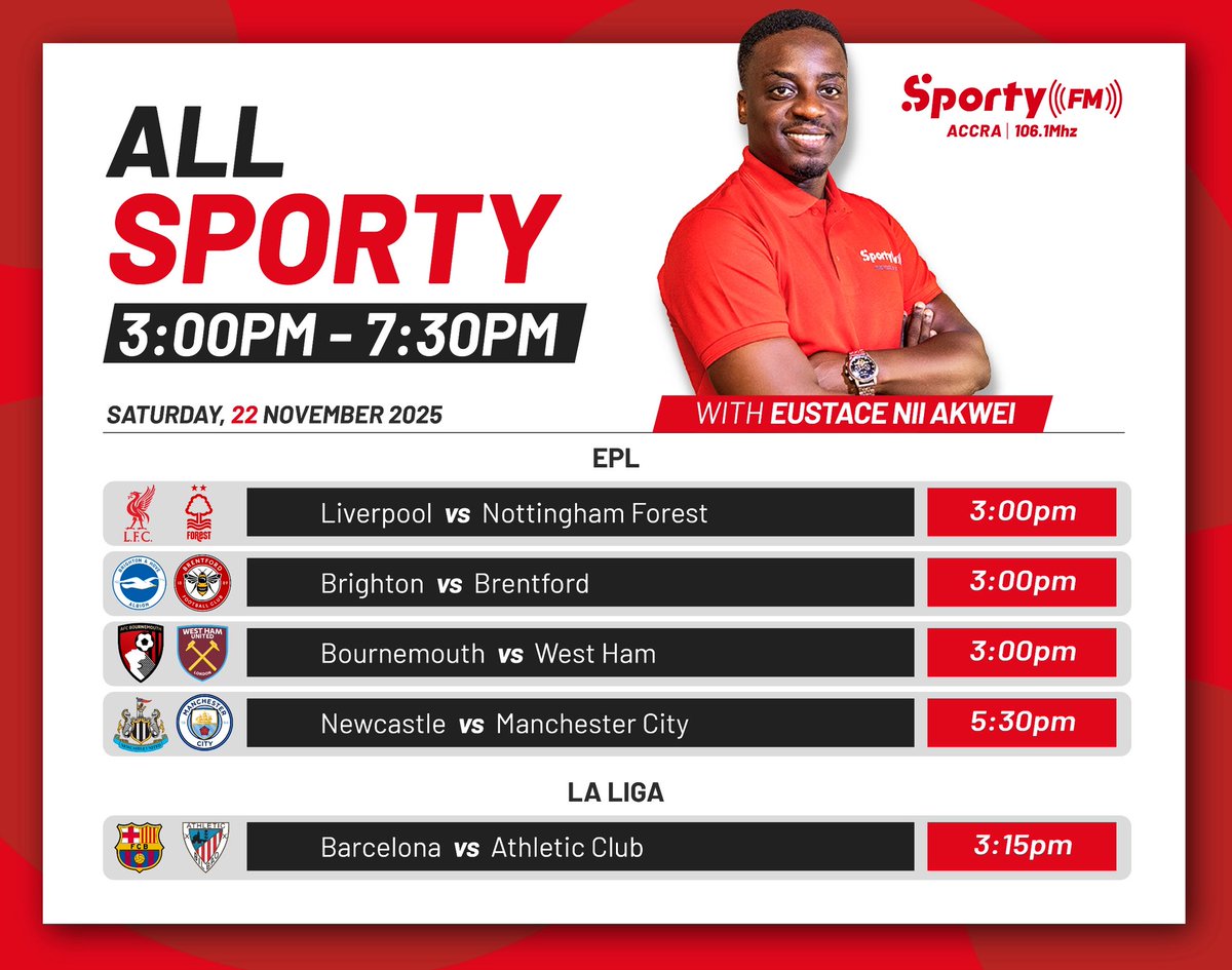 Barcelona’s return to Camp Nou leads today’s All Sporty lineup, along with other featured matches. Do join us.

#SportyFM