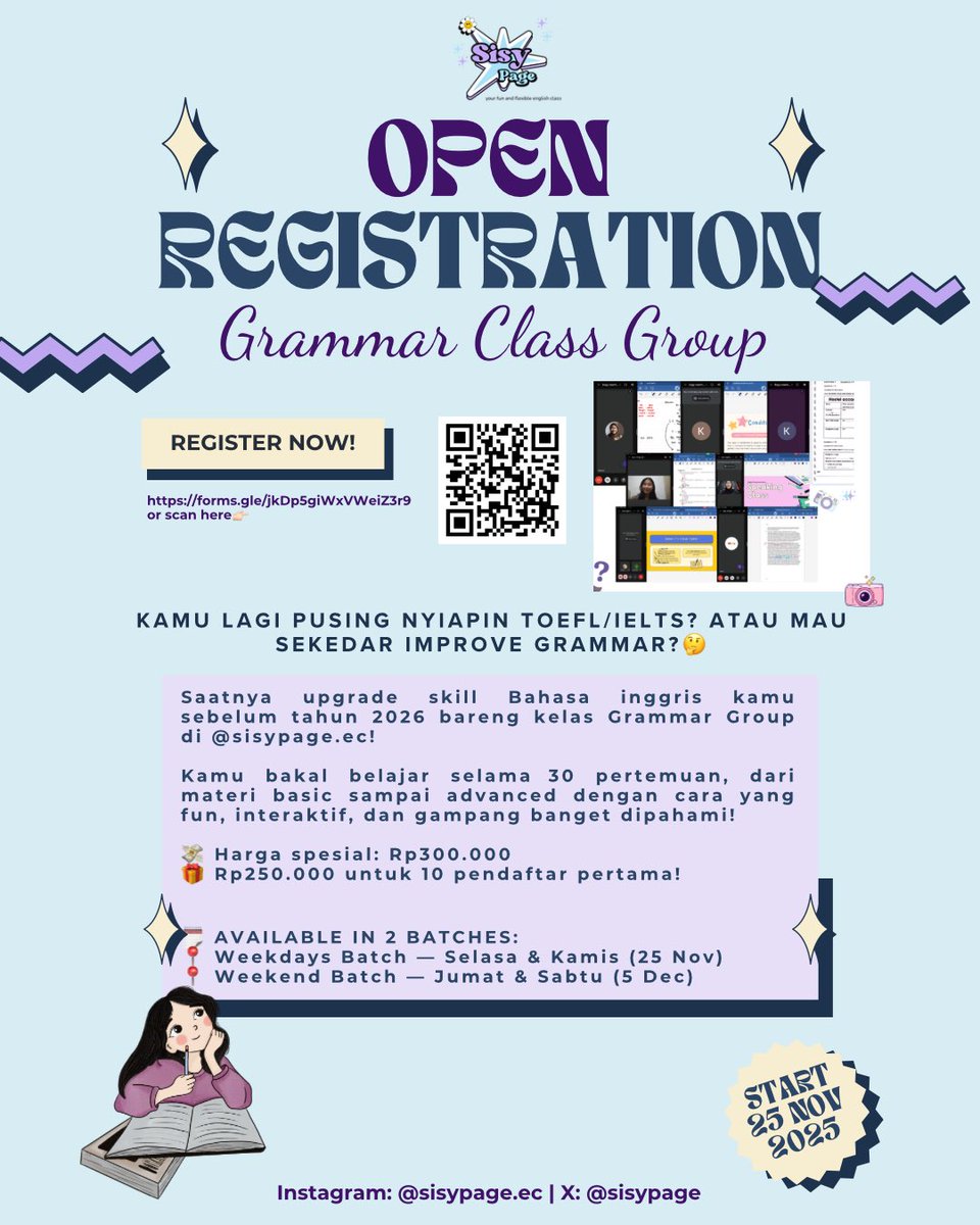 sisypage's tweet image. udah mau 2026 masih pusing sm grammar?

no more pusing yaa pals karena sekarang kelas grammar di sisypage udah buka, hanya 10k/sesi dan kalian bisa belajar grammar dari 0 sampai advanced😱

So, buruan daftar karena kuotanya terbatas!
#lesgrammar #lesielts #zonauang