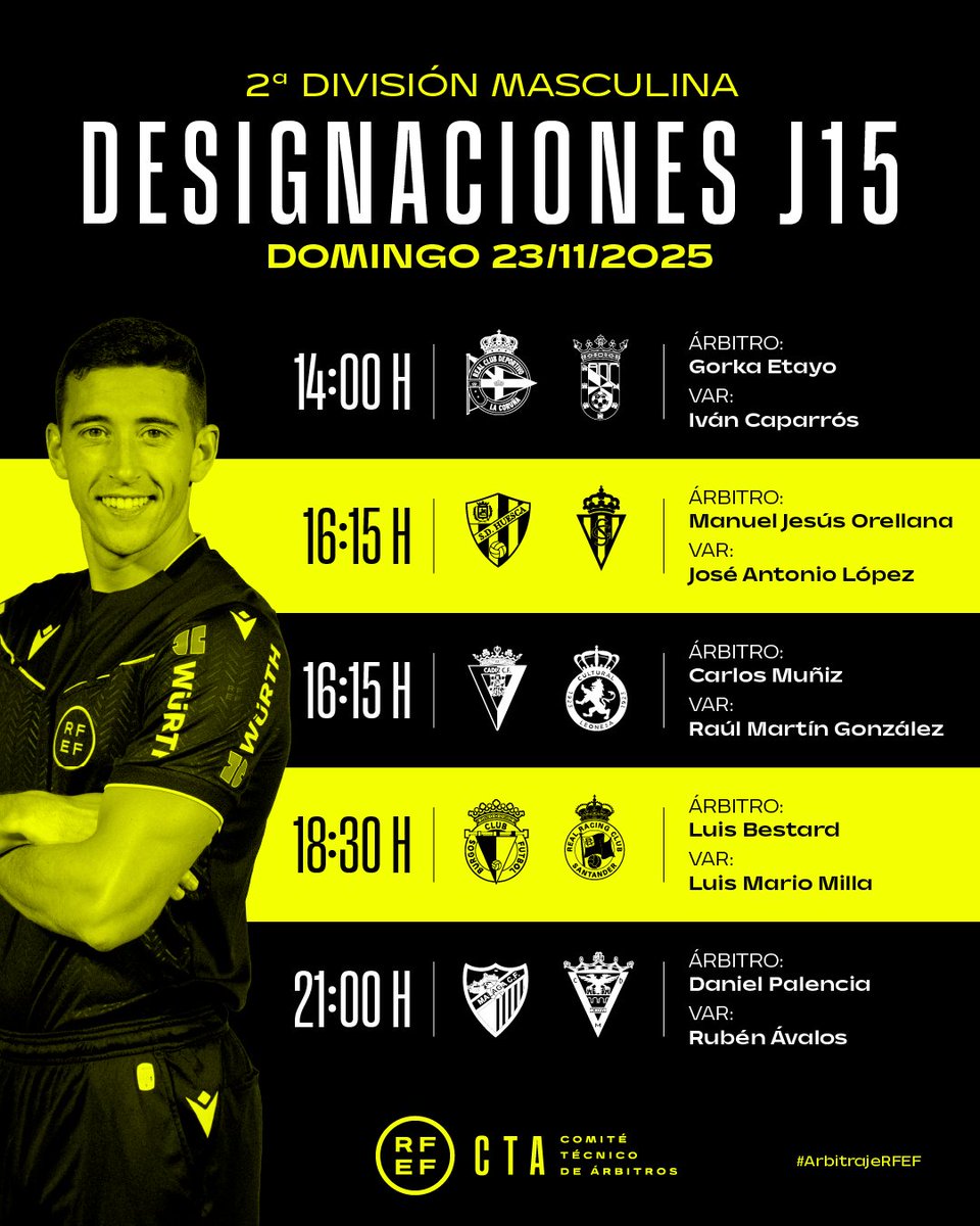 rfef's tweet image. 𝗗𝗘𝗦𝗜𝗚𝗡𝗔𝗖𝗜𝗢𝗡𝗘𝗦 | 𝗝𝗢𝗥𝗡𝗔𝗗𝗔 𝟭𝟱 | DOMINGO

🟨🟥 Estos son los árbitros para los partidos del domingo 23 de noviembre en Segunda División.

 👥 Designación completa: rfef.es/es/noticias/de… 

#ArbitrajeRFEF | @CTARFEF