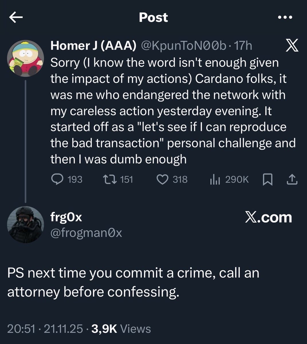 I can’t believe it. It’s now a crime to submit a tx to a decentralized network, which btw. was accepted and triggered a malfunction. Orgas are hiring and paying agencies to do chaos engineering on production. If someone is really into #cardano tech and resilience he should be