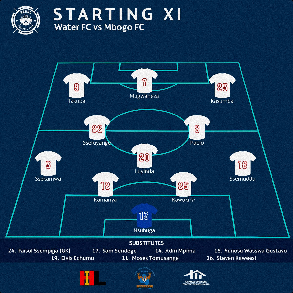 𝐒𝐓𝐀𝐑𝐓𝐈𝐍𝐆 𝐗𝐈 

Here’s how we line up against Water FC. Three changes by coach Ibrahim Makubuya

🔃 William Sseruyange returns, Adiiri Mpiima named among substitutes
🔃 Sula Ssekamwa, Saidi Kamanya start for the first time this season
🔃 Samson Ssendege on the bench