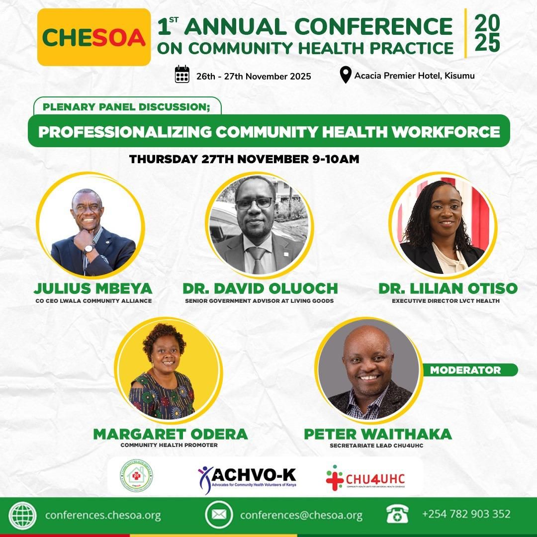 The <a href="/CHESOA_Kenya/">CHESOA</a> conference 2025 in Kisumu will have a plenary discussion on professionalizing #CommunityHealth workforce.
Attend and listen to Julius Mbeya of <a href="/LwalaCommunity/">Lwala Community Alliance</a> , <a href="/lilianotiso/">Lilian Otiso</a> , <a href="/OsieloOdera/">Osielo Odera</a> and Waithaka from <a href="/Chu4Uhc/">CHU4UHC</a>
They are very ready for Thursday. 🔥