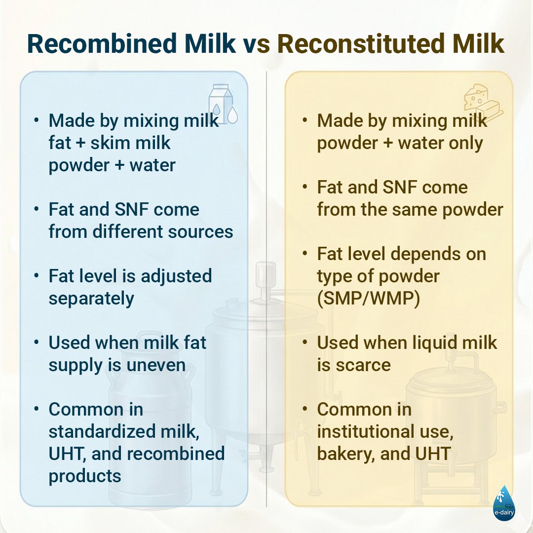 edairy_'s tweet image. Recombined vs Reconstituted Milk 🔍
One uses fat + SMP + water, the other uses powder + water only.
Different sources = different applications in UHT, bakery &amp;amp; institutional use.
#DairyTech #MilkProcessing #FoodScience #eDairy
