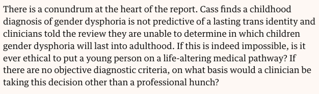 Details of puberty blocker trial now announced. As I wrote in April, I don't understand how it's ethical when Cass herself says no way to know which gender-questioning children go onto develop a lasting trans identity, and for whom it naturally resolves.
theguardian.com/commentisfree/…