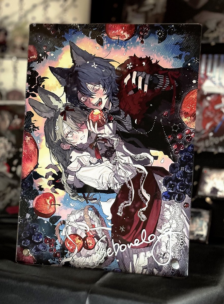 激レア賞のアクリルプレートです 狼＆兎の二人とつやつやの果物を描き