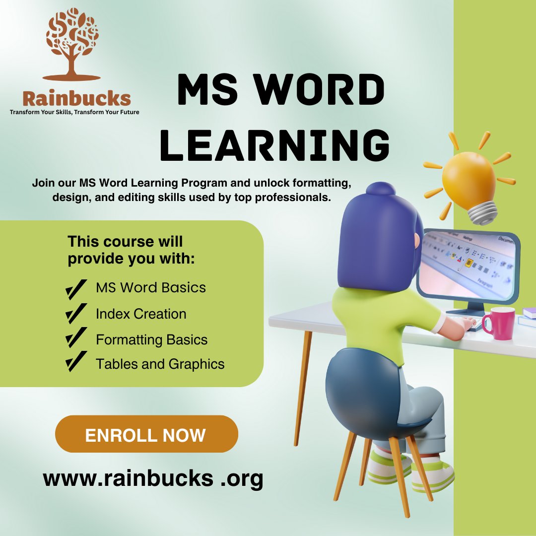 BrainBucks34569's tweet image. 📘 Master MS Word with Rainbucks!
Boost productivity with essential to advanced Word skills. Learn formatting, tools, and professional document creation.
Start your MS Word Learning Program today!
👉 forms.gle/mZuwg39G4YQDQC…
🌐 rainbucks.org

#MSWord #rainbucksindia