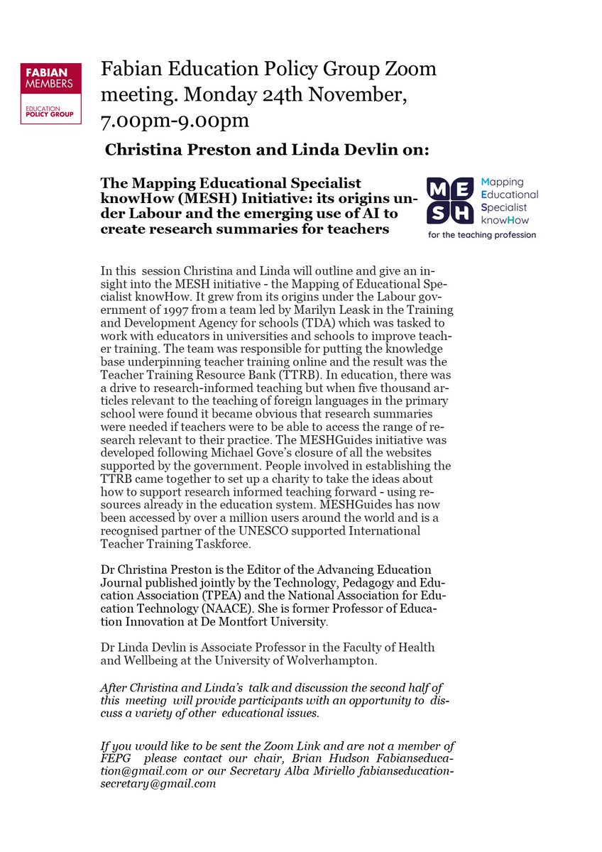 EduFabians's tweet image. Really looking forward to hearing from Christina Preston and @DevlinLinda01 on the MESH initiative and the use of AI to produce research summaries for teachers this Monday 24th at our FEPG meeting 7.00-9.00pm. 
See flyer for more details.
@EnglandIpda @MarilynLeask @sarahyounie