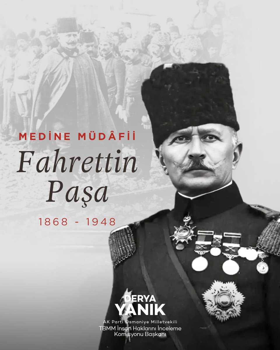 deryayanikashb's tweet image. Bugün, Fahrettin Paşa’nın vefatının 77’nci yıl dönümü. 

Birinci Dünya Savaşı’nın en çetin günlerinde, Osmanlı topraklarının dört bir yandan işgale uğradığı o zorlu vakitlerde; Resûl-i Ekrem Efendimizin medfun olduğu Medine’yi savunma görevini omuzlayan, mukaddes emanetleri…