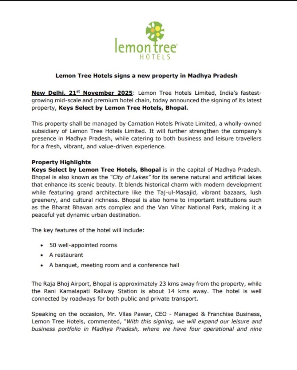 sharealam2013's tweet image. 🚨 Lemon Tree Hotels Signs a New Property in Madhya Pradesh! 🏨🌿 
#LEMONTREE   
Lemon Tree Hotels has announced a brand-new Keys Select property in Bhopal, further expanding its footprint in Madhya Pradesh. 
 
A 50-room hotel with a restaurant, banquet + meeting facilities —…