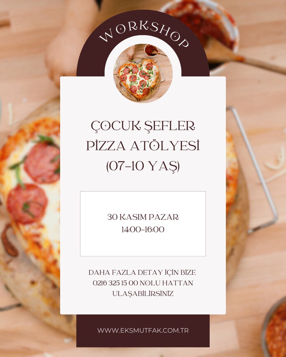 Sevdiklerinizde keyifli vakit geçirmek, yeni bir hobi edinmek, kendinizi mutfakta geliştirmek istiyorsanız bu haftaki workshop takvimimiz sizin için!

🍔 25 Kasım Salı: EKS Burger
🍕 30 Kasım Pazar: Çocuk Şefler Pizza Atölyesi (07-10 yaş)

Detayları web sitemizden inceleyebilir,