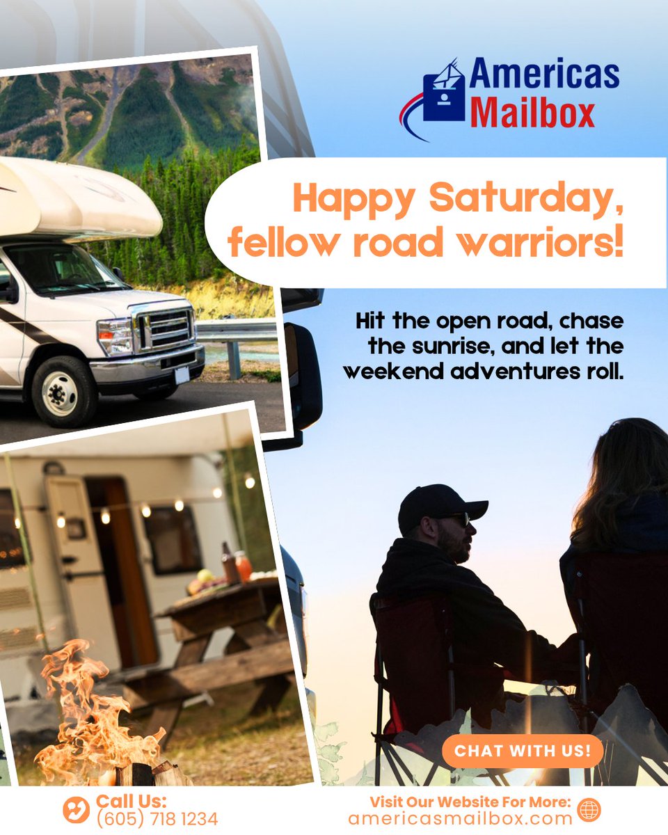 Happy Saturday, Fellow Road Warriors! 🚐✨

Call (605) 718-1234 to get started!
Learn more or chat with us at americasmailbox.com

#RVCamping #WeekendVibes #RVLife #GetOutside #VanLife #Adventure #RVliving #ExploreMore