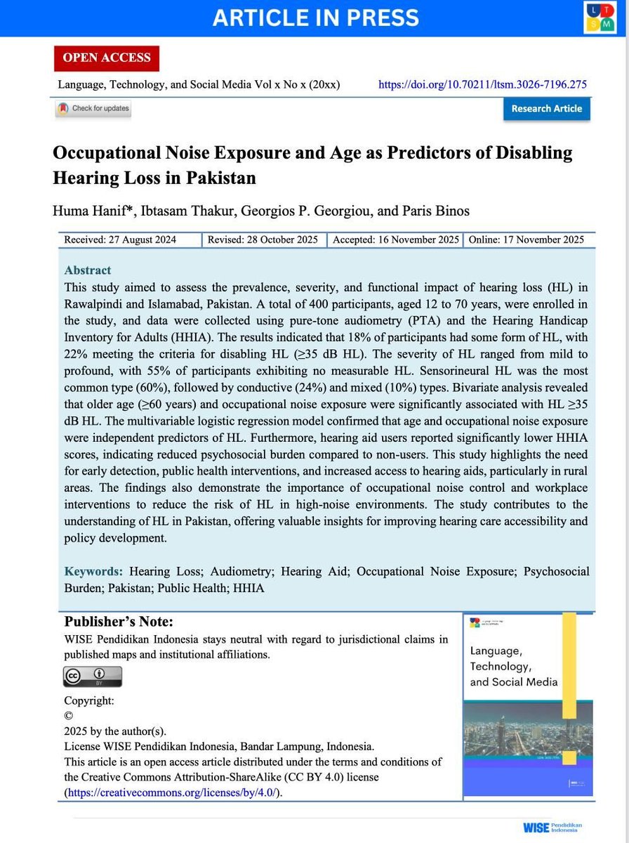BinosParis's tweet image. Read our new study published in Language, Technology, and Social Media!
This work sheds light on the extent to which age and occupational noise exposure predict disabling hearing loss in Pakistan. DOI: lnkd.in/e72m4Z-R
Cited in: #DOAJ #Crossref