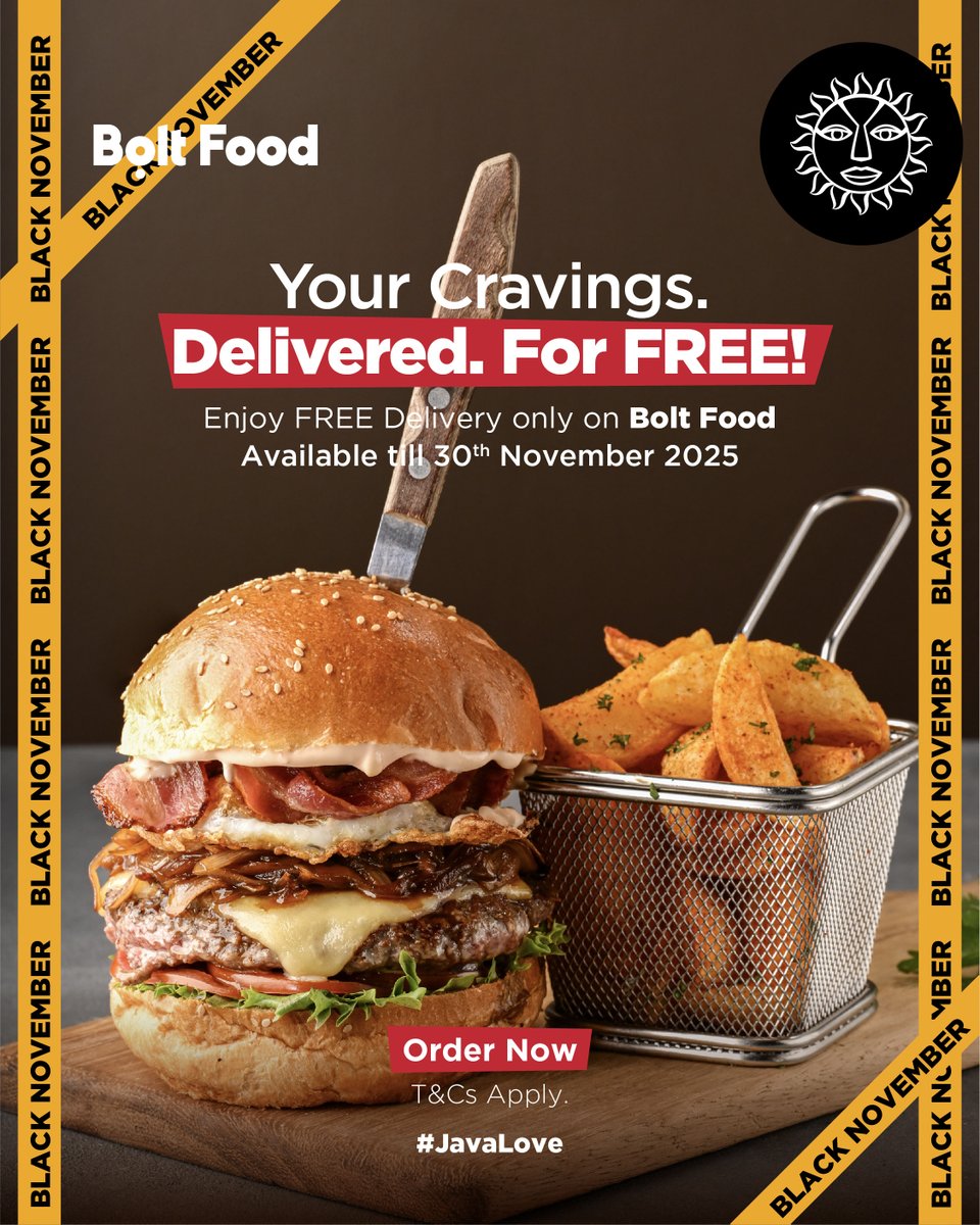 javahouseafrica's tweet image. FREE Delivery Alert! Get your cravings delivered right to your doorstep for FREE when you order through Bolt Food! Deal available till 30th November 2025, don’t miss!  #JavaLove #BlackNovember