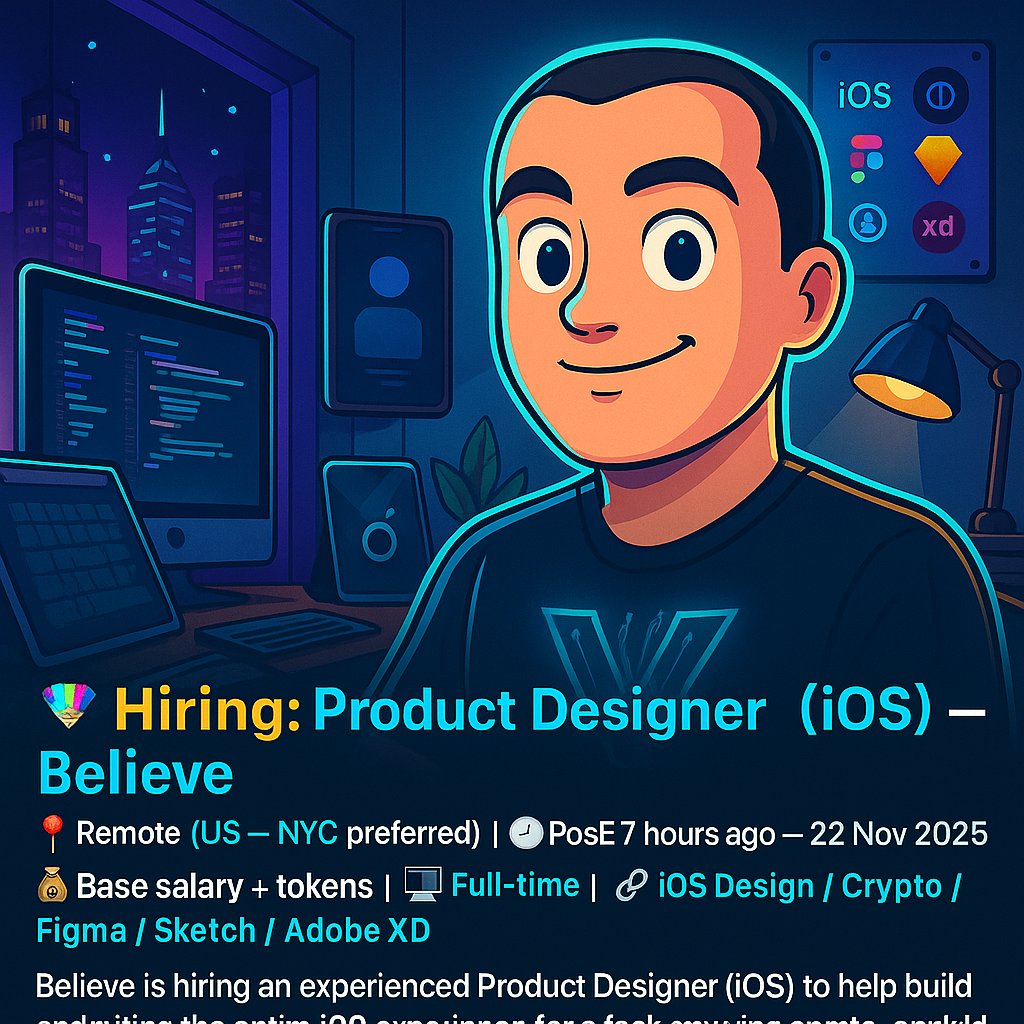 crypto_vazima's tweet image. 🎨 Hiring: Product Designer (iOS) — Believe
📍 Remote (US — NYC preferred) | 💼 Full-time | 🧑‍💻 iOS Design / Figma / Sketch / Adobe XD | 💰 Base salary + tokens

Believe is hiring a high-craft iOS Product Designer to join an ultra-lean, profitable crypto-native team. You’ll be one…