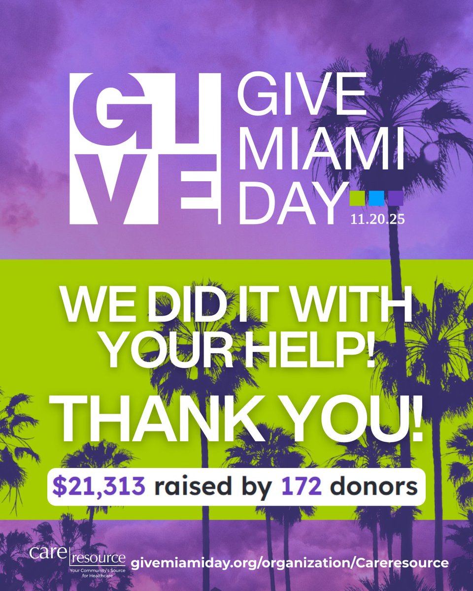 CareResourceFL's tweet image. We did this together! 💜

Thank you to everyone who supported Care Resource during Give Miami Day.
Your generosity helps our patients stay connected to the healthcare they depend on.

#CareResource #GiveMiamiDay #Giving