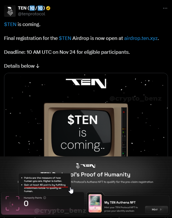 Crypto_Benz's tweet image. 📌 @tenprotocol เปิดให้เช็ค Airdrop และทำ PoH เพิ่ม🪂

ก่อนหน้านี้ให้เช็ค allocation ไปแล้ว 
รอบนี้มีให้ทำ PoH เพิ่มครับ โดยต้องมีคะแนน 40 คะแนนถึงจะ Mint NFT เพื่อผ่านเกณฑ์ (Mint fee $1)

Check: airdrop.ten.xyz/flow

⏳ มีเวลาทำถึง 24 นี้ 17.00 น.