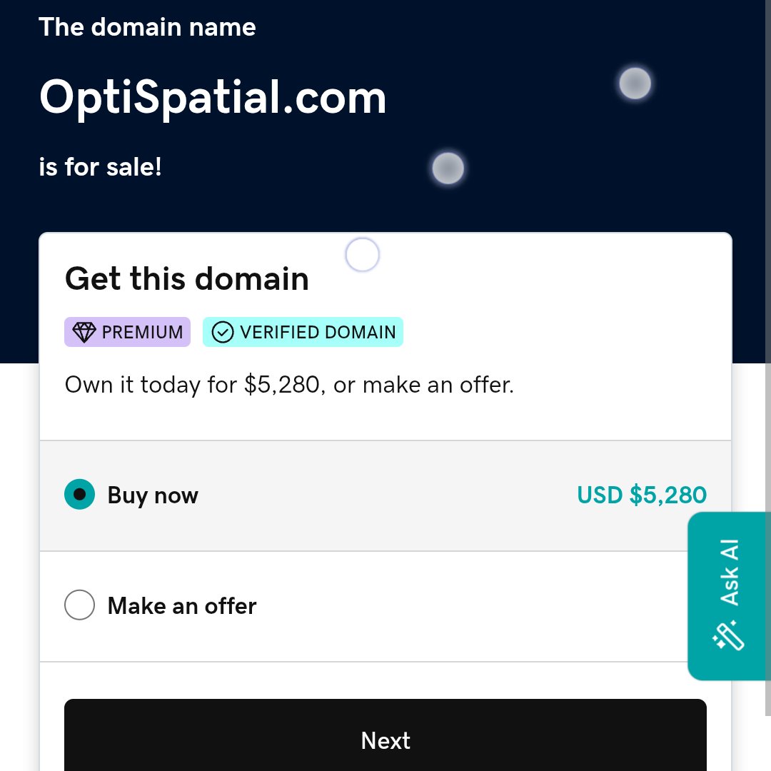 Premium_DomainD's tweet image. OptiSpatial.com is for sale.

 is a premium futuristic brandable domain for spatial computing, AR/VR tech, 3D mapping, geospatial analytics, AI visualization etc.

#spatial_io #Geospatial #spatialpeoplenetwork 
#SpatialComputing #spatialperception