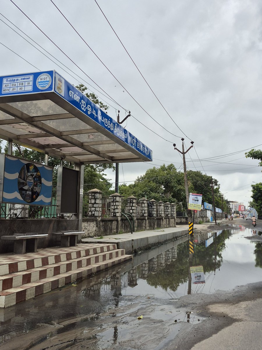 Situation at Pallikaranai NIOT bus shelter — just 10 minutes of rain is enough to flood the entire area.
How are commuters supposed to use this safely?
Still waiting for a proper drainage solution.
<a href="/chennaicorp/">Greater Chennai Corporation</a> @chennai_highway <a href="/S_AravindRamesh/">S.Aravindramesh.MLA</a> <a href="/ThamizhachiTh/">தமிழச்சி</a>  
#Pallikaranai