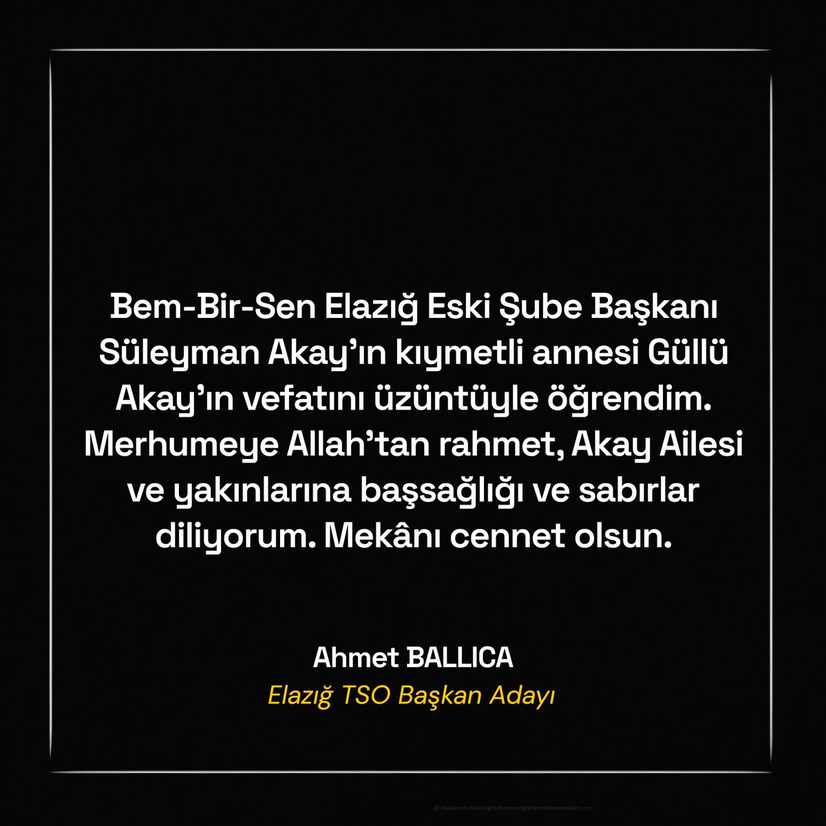ahmetbllc's tweet photo. Bem-Bir-Sen Elazığ Eski Şube Başkanı Süleyman Akay’ın kıymetli annesi Güllü Akay’ın vefatını üzüntüyle öğrendim. Merhumeye Allah’tan rahmet, Akay Ailesi ve yakınlarına başsağlığı ve sabırlar diliyorum. Mekânı cennet olsun. https://t.co/KEc1Rc2mJU