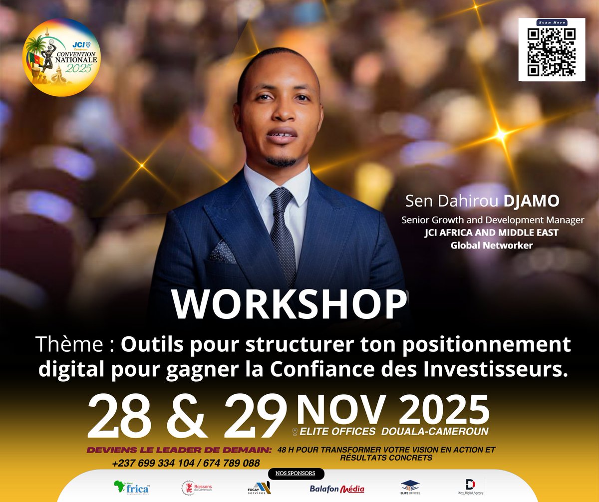 jcicameroun's tweet image. 🎯 “Sans présence digitale, tu n’existes pas.”
Sen Djamo Dahirou @YayaBonguel l’a compris.  
Le 29 Nov à Douala, il te donne les clés pour structurer ton image &amp;amp; gagner la confiance des investisseurs.  
📍#NatCon2025 | Elite Offices  
#DigitalLeadership #JCI