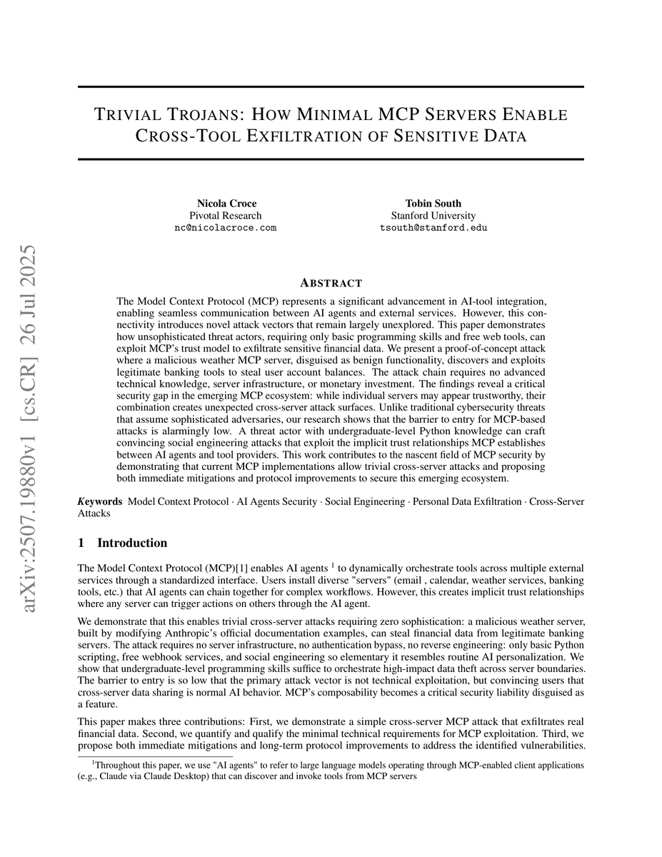 MultiLLM's tweet image. ⭕️ Check out MultiLLM debate this new paper &quot;TRIVIAL TROJANS : H OW MINIMAL MCP S ERVERS ENABLE&quot;: 
⭕️ Consensus Statement:
All reviewers agree that the paper spotlights a real vulnerability in MCP: unrestricted cross-server tool composability and weak protocol safeguards can…