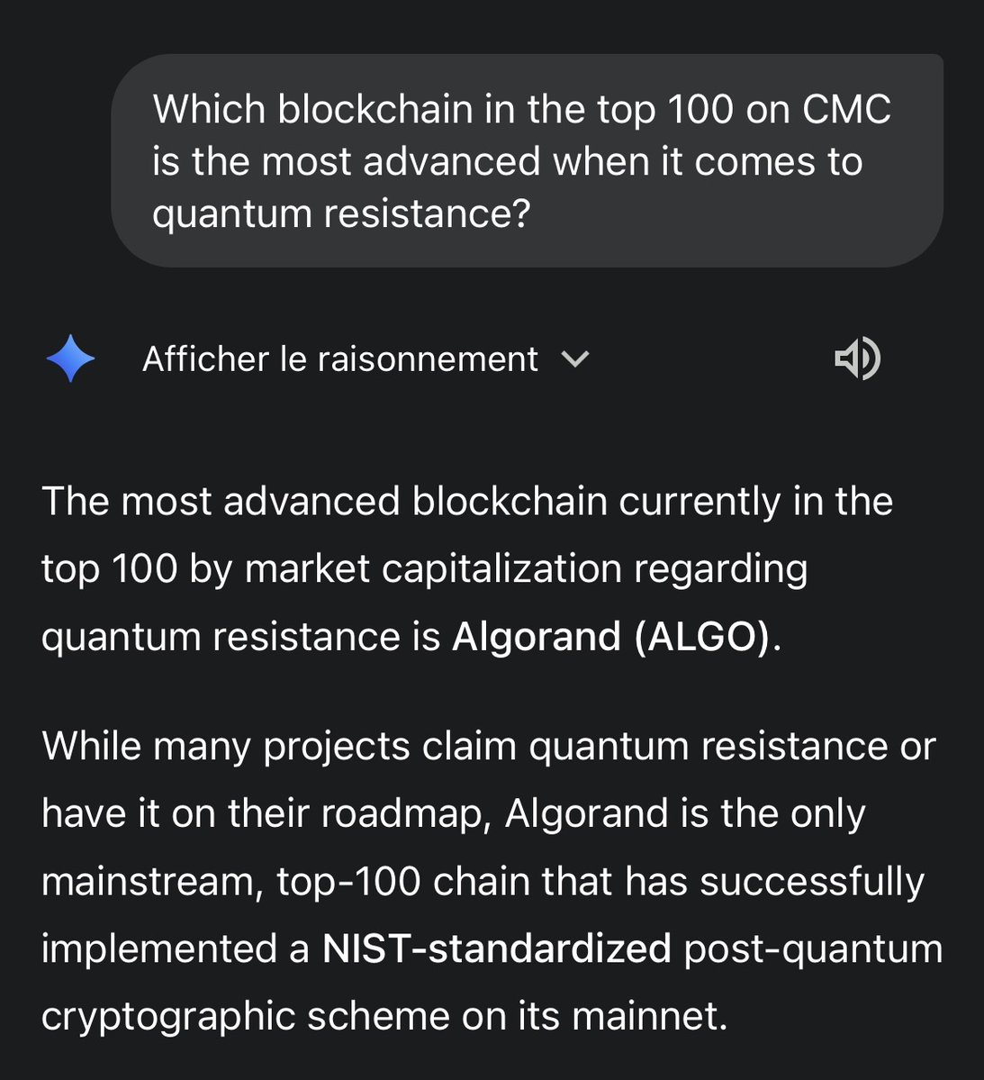 algerstmehn's tweet image. &quot;Algorand is currently the most advanced blockchain in the top 100 on CMC when it comes to quantum resistance.&quot;

First time I try it with no biased chat history, and Gemini 3 Pro gets it instantly.

As @silviomicali said: &quot;talk is cheap, $ALGO delivers.&quot;

$ALGO 🫡