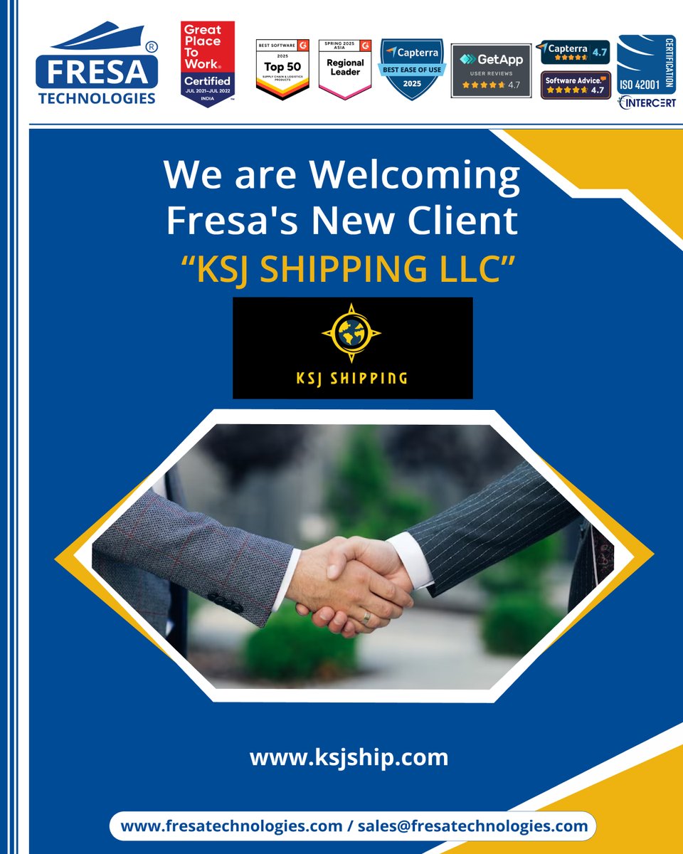 fresatechnology's tweet image. 🎉We are Welcoming Fresa&apos;s New Client🤝🚀
&quot;KSJ SHIPPING&quot;

For more queries please visit below link 👇
fresatechnologies.com/about-us/servi…

#Fresa #Freightsolutions #Freightforwarding #Import #FresaGold #ERPSoftware #G2Awards #SoftwareRecognition  #Welcome #Client #NewCustomer #Onboard