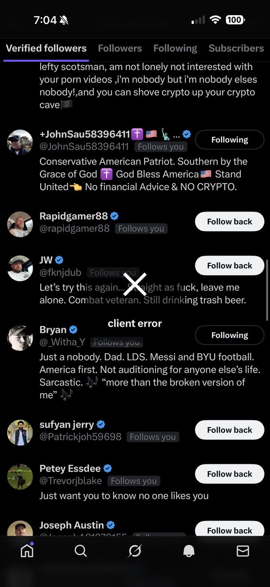 DieselBABE20's tweet image. Anybody else have this bullshit going on with the “client error” 
why can’t I follow people back?