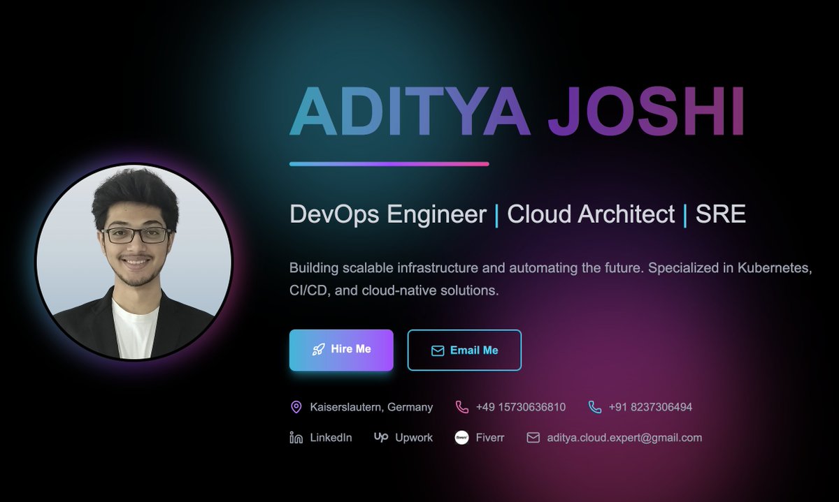 devops_aditya's tweet image. 🚀 Just launched my DevOps Portfolio — built with Next.js, Tailwind, Vercel, Resend &amp;amp; reCAPTCHA v3.
Every pixel + pipeline crafted with automation, speed &amp;amp; security in mind.

 aditya-portfolio-chi-rust.vercel.app⚡️

#DevOps #SRE #CloudEngineer #AWS #Kubernetes #NextJS @100xDevs @X @kirat_tw