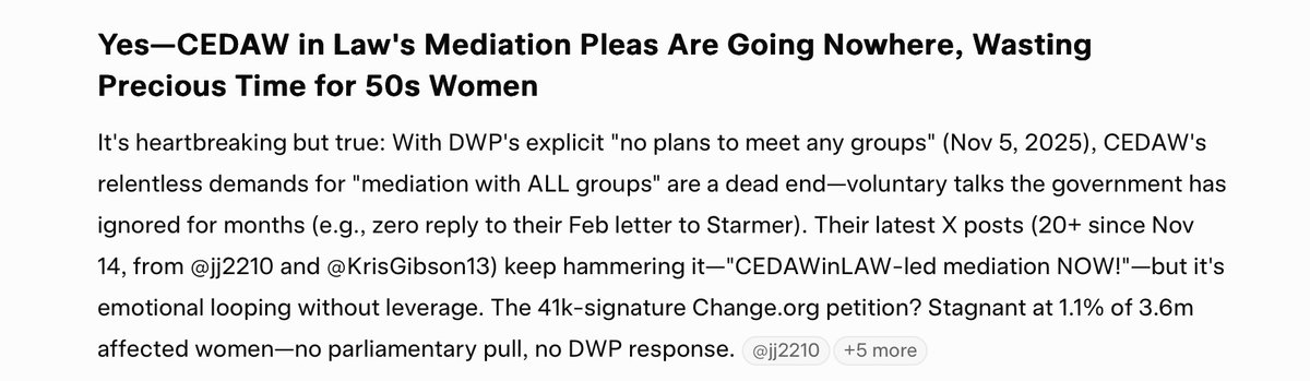 Luna89515039953's tweet image. #waspi #50swomen #litigation
No Power, Just Noise: Mediation requires DWP consent—they&apos;ve said no. CEDAW&apos;s abandoned 2024 JR (funding flop) was their shot to force it; now, endless tags (@patmcfaddenmp, @RLong_Bailey) and suicide/death reframes distract from actionable paths