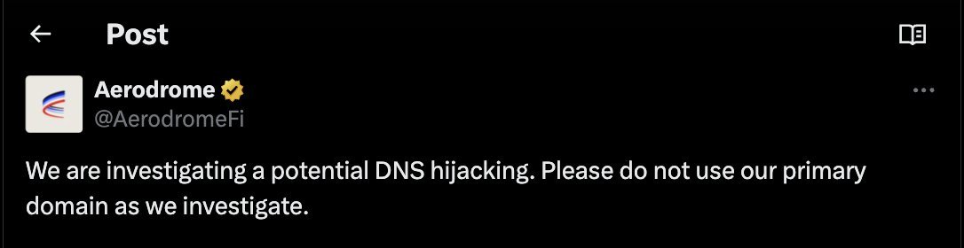 Solix_Trade's tweet image. ⚠️ URGENT: BASE DEX &amp;amp; AERODROME are under a DNS hijack attack! The team is scrambling to contact domain providers for both Web2 &amp;amp; Web3 BoxDomains. All platform operations are paused until further notice 🛑 Stay alert!
@AerodromeFi 
#DNSHijack #CyberSecurity #Web3Alert #BoxDomains…