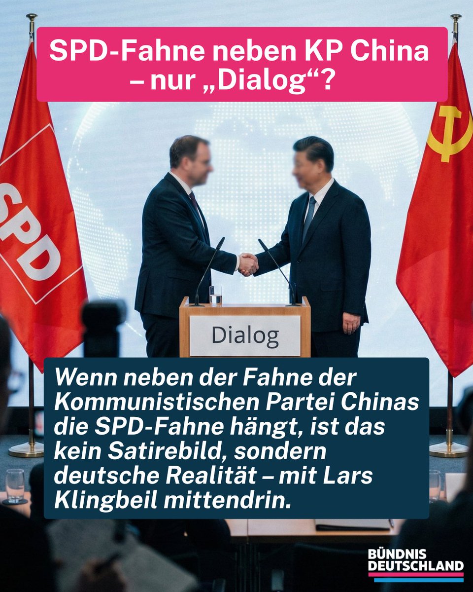 buendnisde's tweet image. SPD-Fahne neben KP-China-Flagge, „Parteidialog“ mit einer Ein-Parteien-Diktatur – und ein Bundesminister mittendrin. Staatsbesuch oder Parteireise auf Kosten der Glaubwürdigkeit? Schau dir die Bilder an und urteile selbst.
#ChinaPolitik #SPD #Klingbeil