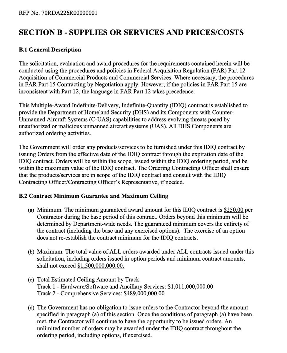ive_m5's tweet image. On Friday 11/21, the Department of Homeland Security released its Counter UAS RFP.  There is $1.5B of contract awards being made available under this program to cover the entire agency. Offers are due December 8 with awards to come soon thereafter.  

CC @CeoOndas and the $ONDS…