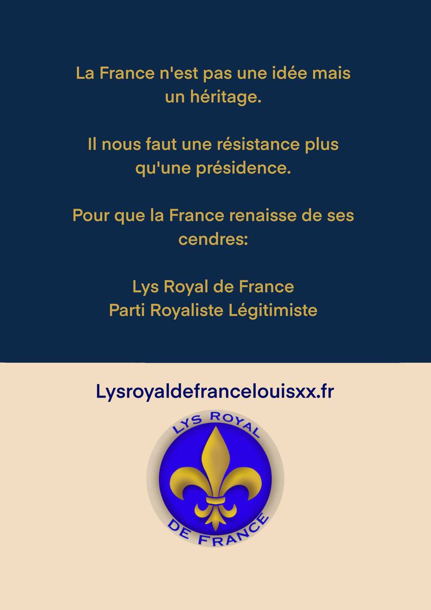 lysde_france's tweet image. La France n’est pas une idée : c’est un héritage.
Pour qu’elle renaisse de ses cendres :
Lys Royal de France Parti Légitimiste
🔗 lysroyaldefrancelouisxx.fr
#France #Royalisme #Légitimisme #LouisXX #Héritage #Patriotes #RenaissanceFrançaise #Monarchie #TraditionFrançaise