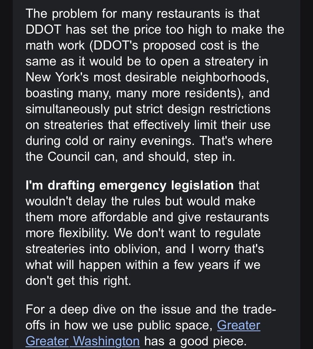 BarredinDC's tweet image. Charles Allen will be introducing emergency legislation to revise the DDOT/DOB streatery regulations before they are implemented to lower the cost and add more flexibility